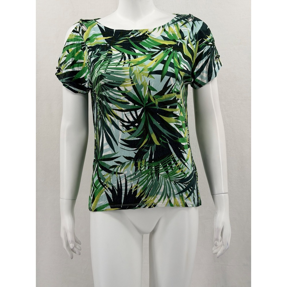 Cable & Gauge Top Womens Small Petite Green Tropical Leaf Boho Summer Vacation